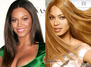 Candid photograph of Beyonce (left); Beyonce airbrushed in a Loreal ad (right); juxtaposition by Feministing.