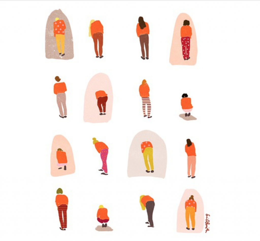 Figures of different people wearing orange tops with their backs to the viewer.
